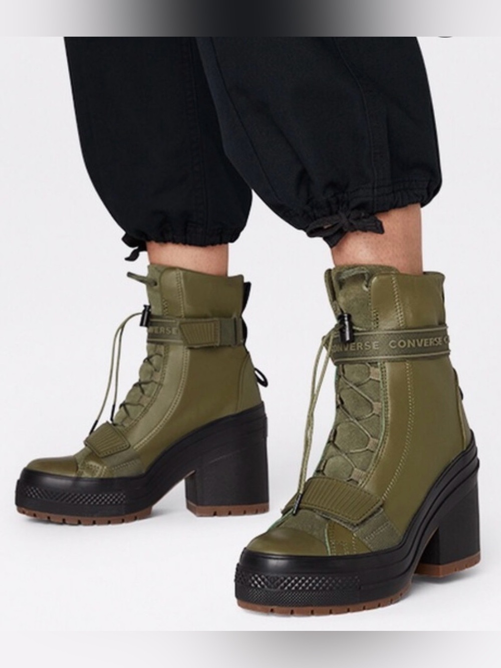 Converse Olive Suede Platform Lace-Up Heeled Boots with Black Accents